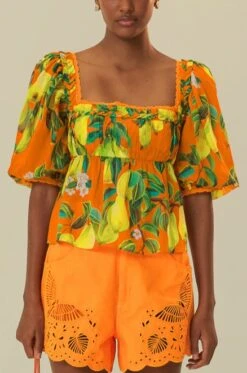 Farm Rio Orange Chic Pears Short Sleeves Blouse